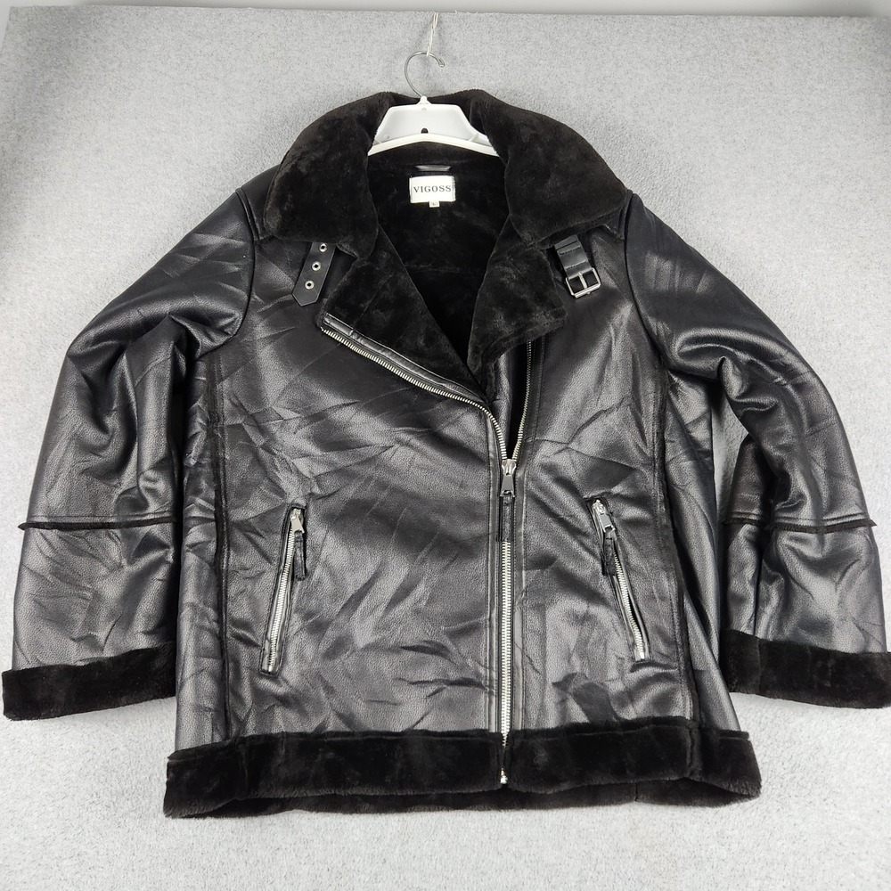 Vigoss Moto Jacket Womens Large Black Faux Fur Lined Soft Plush Asymmetric Zip